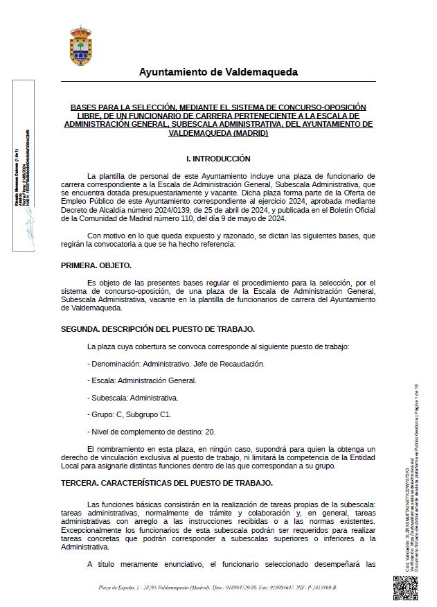 Bases para la selección, mediante el sistema de Concurso-oposición libre, de un funcionario de carrera perteneciente a la Escala de Administración General, Subescala Administrativa, del Ayuntamiento de Valdemaqueda